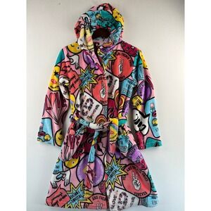 Arizona Jean Co Hooded Plush Fleece Robe Girls L 14 Colorful Emoji Graphics Pink